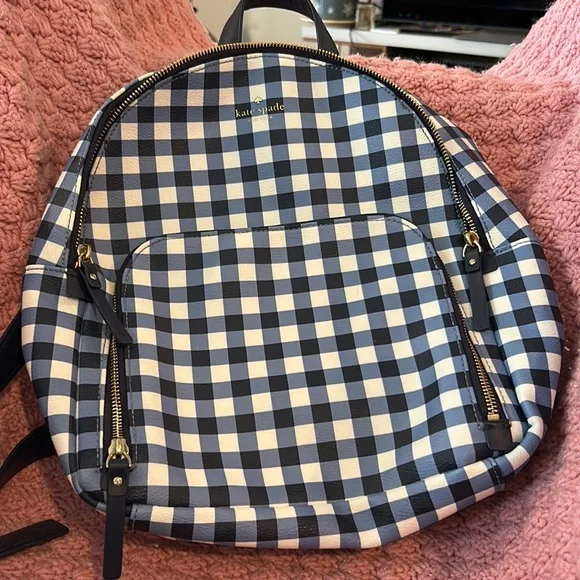 Kate Spade, large blue and white checkered backpack with extra front zipper part Amazon.com | XDKDZIS Blue and White Checkered Kids School  main image 3